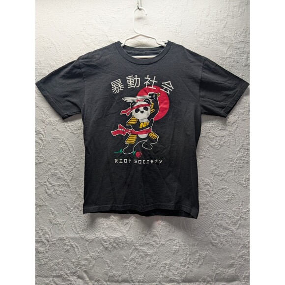 Riot Society Black Graphic T-Shirt Medium Panda Samurai Rose Rising Sun Japanese - Picture 1 of 7